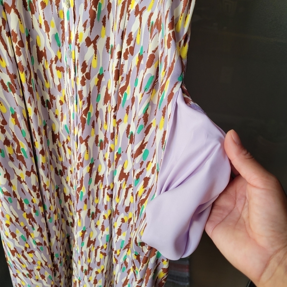 MELLODAY Puff Sleeve Satin Shirtdress Small Maxi Dress Button Down Purple Green - Picture 11 of 14